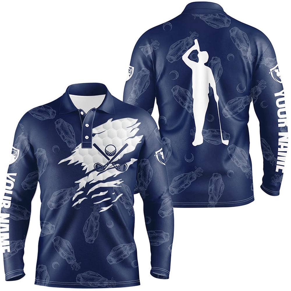 Men’s Golf Polo Shirt Custom Name Golf Clubs Pattern Shirt Navy Blue, Golf Polo Shirt, Golf Shirts