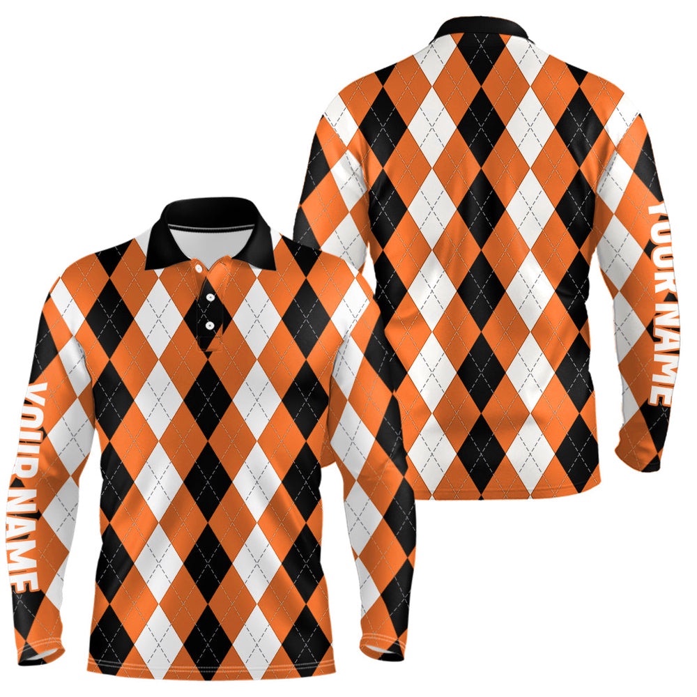Men’s Golf Polo Shirt Custom Orange Argyle Plaid Pattern Golf Attire For Men, Golf Polo Shirt, Golf Shirts