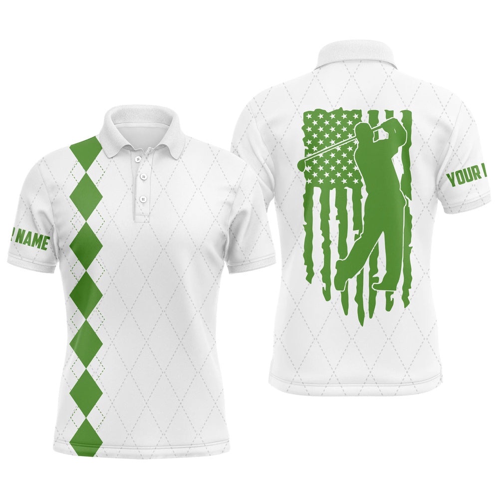 Men’s Golf Polo Shirt Green American Flag Patriotic Golf Shirts Custom Name Golf Gifts, Golf Polo Shirt, Golf Shirts