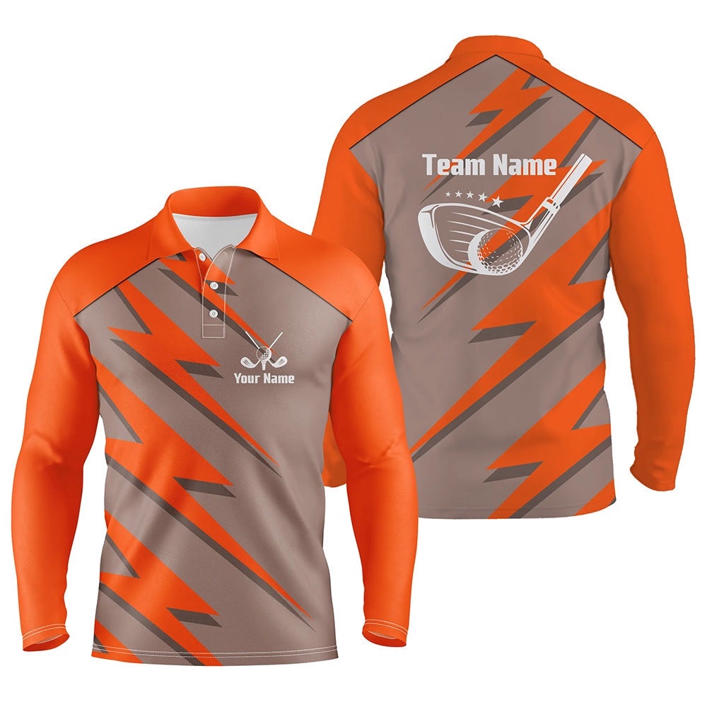 Men’s Golf Polo Shirt Orange Lightning Custom Name And Team Name Golf Shirt, Golf Polo Shirt, Golf Shirts