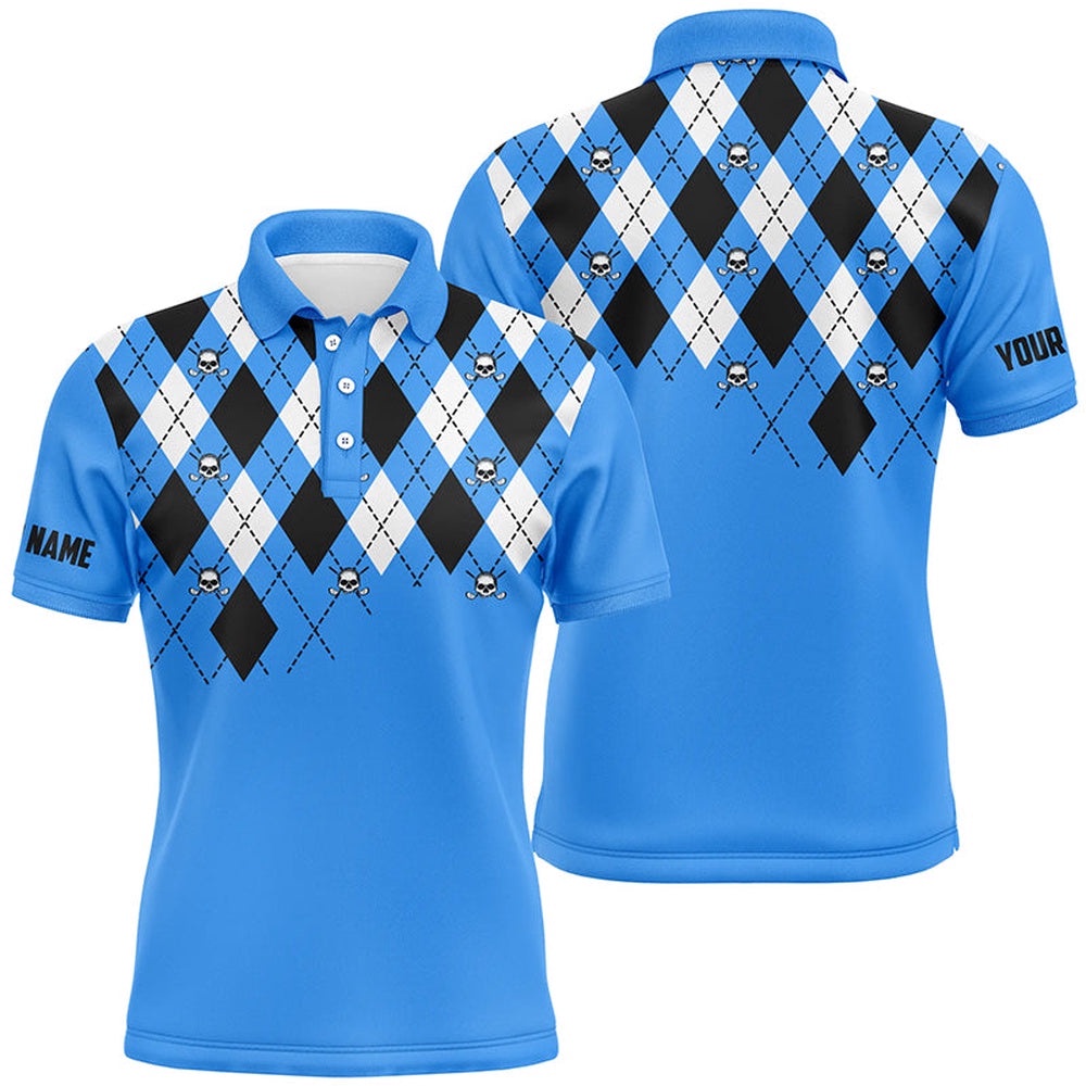 Men’s Golf Polo Shirt Plus Size Blue Argyle Plaid Golf Skull Pattern Custom Name Men’s Blue Golf Tops, Golf Polo Shirt, Golf Shirts