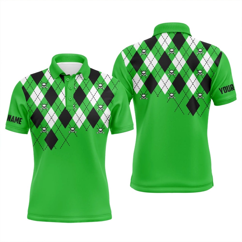 Men’s Golf Polo Shirt Plus Size Green Argyle Plaid Golf Skull Pattern Custom Name Men’s Green Golf Tops, Golf Polo Shirt, Golf Shirts