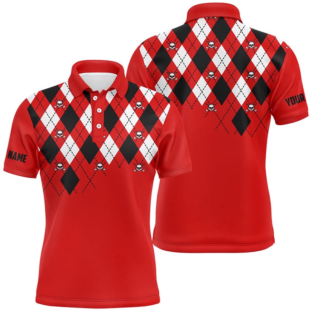 Men’s Golf Polo Shirt Plus Size Red Argyle Plaid Golf Skull Pattern Custom Name Men’s Red Golf Tops, Golf Polo Shirt, Golf Shirts