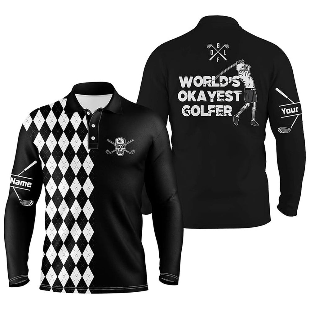Men’s Golf Polo Shirt Skull World’S Okayest Golfer Custom Name Black & White Argyle Pattern Golf Shirts, Golf Polo Shirt, Golf Shirts