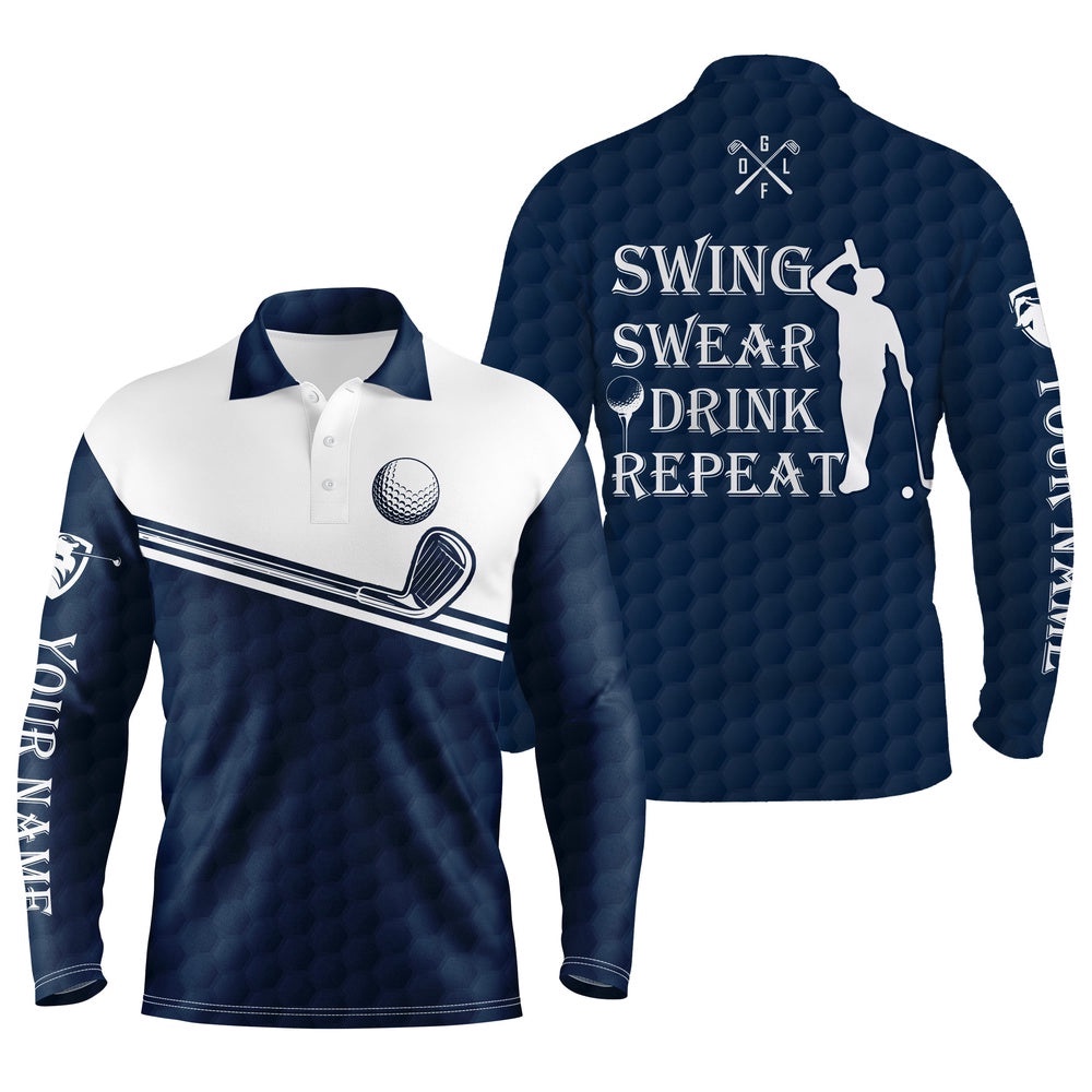 Men’s Golf Polo Shirt Swing Swear Drink Repeat Custom Name Blue Navy White Men Golf Shirts, Golf Polo Shirt, Golf Shirts