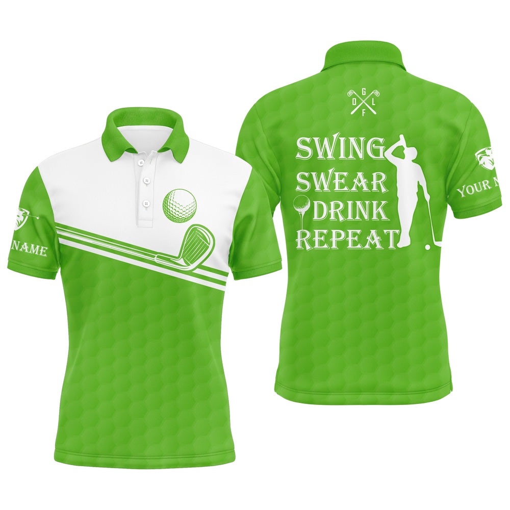 Men’s Golf Polo Shirt Swing Swear Drink Repeat Custom Name Green White Men Golf Shirts, Golf Polo Shirt, Golf Shirts