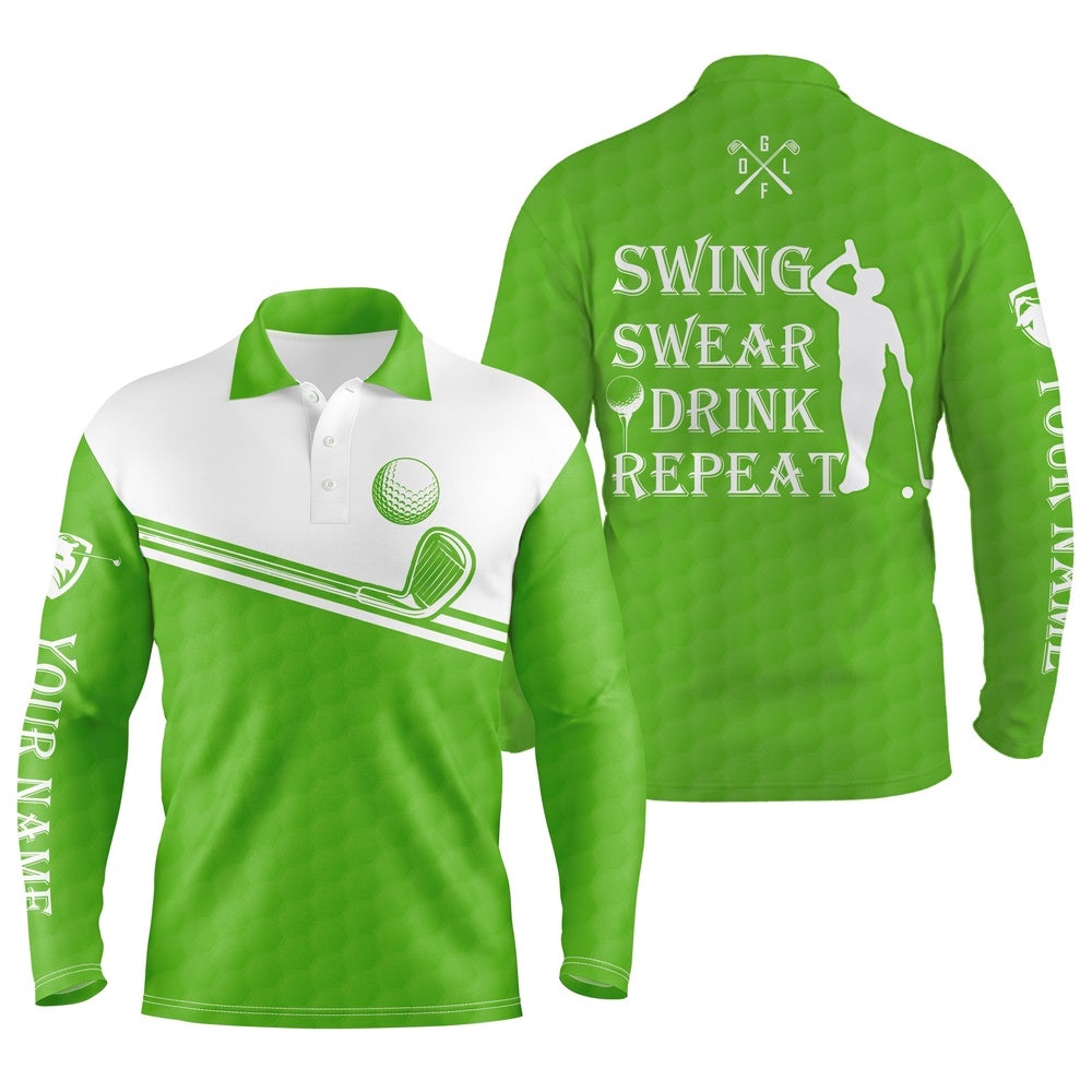 Men’s Golf Polo Shirt Swing Swear Drink Repeat Custom Name Green White Men Golf Shirts, Golf Polo Shirt, Golf Shirts