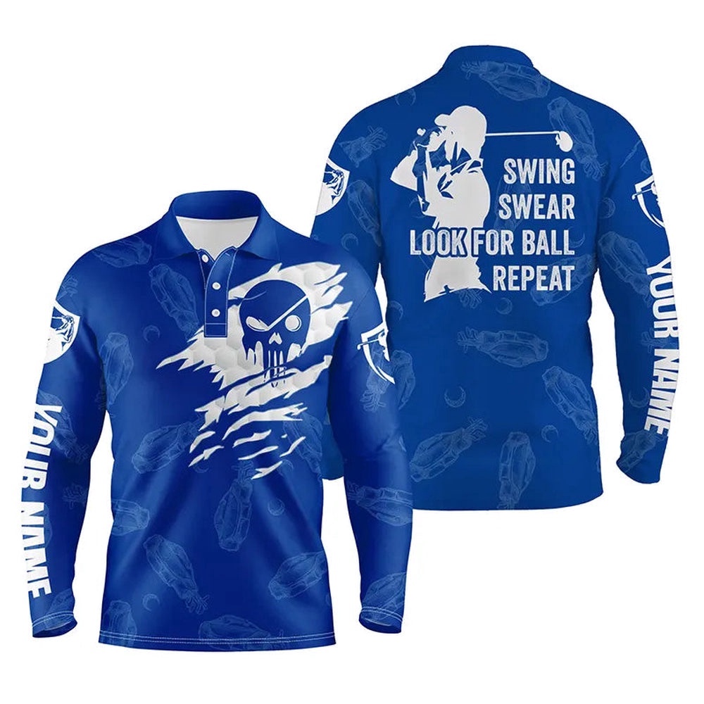 Men’s Golf Polo Shirt Swing Swear Look For Ball Repeat Custom Name Golf Clubs Pattern Shirt Blue, Golf Polo Shirt, Golf Shirts