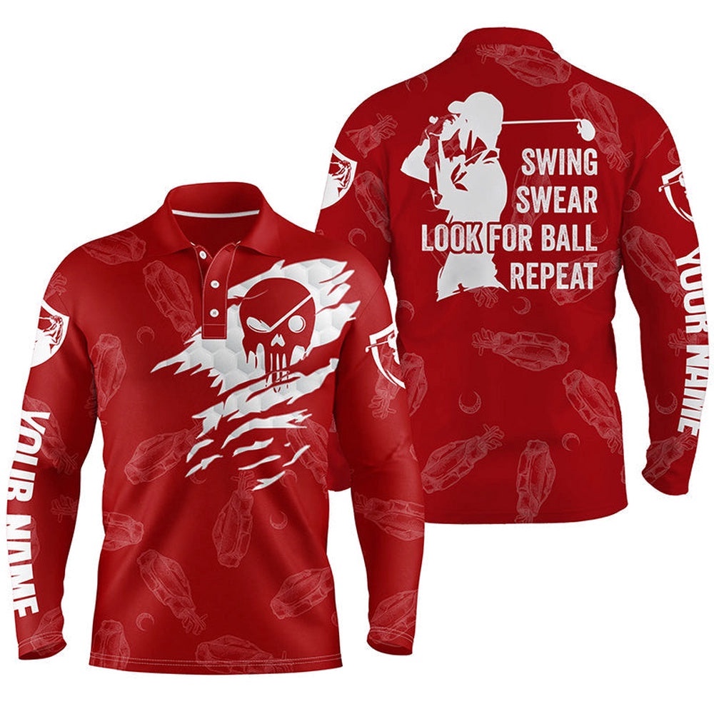 Men’s Golf Polo Shirt Swing Swear Look For Ball Repeat Custom Name Golf Clubs Pattern Shirt Red, Golf Polo Shirt, Golf Shirts