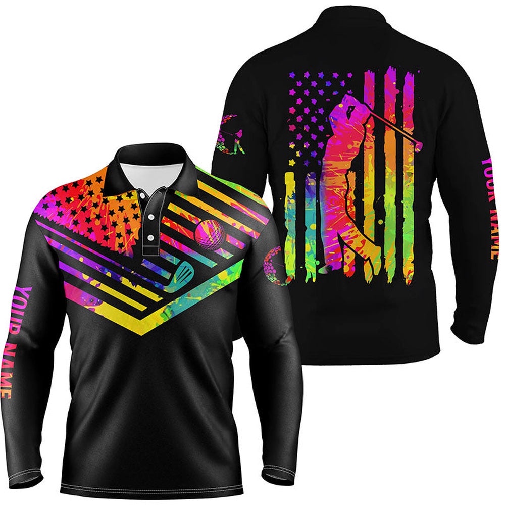 Men’s Golf Polo Shirt Watercolor American Flag Custom Name Black Men’s Golf Shirt, Golfer Gifts, Golf Polo Shirt, Golf Shirts