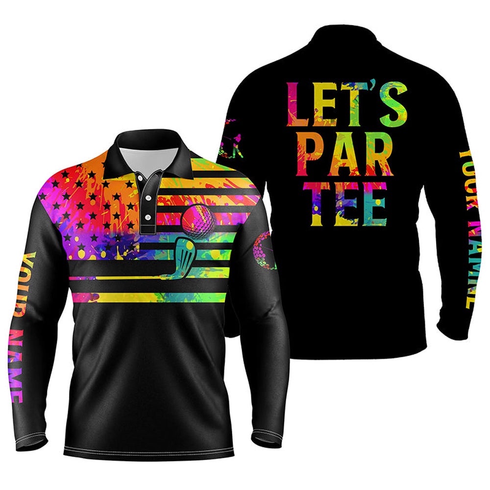 Men’s Golf Polo Shirt Watercolor American Flag Custom Name Letâ€™S Par Tee Black Golf Shirt, Golf Polo Shirt, Golf Shirts