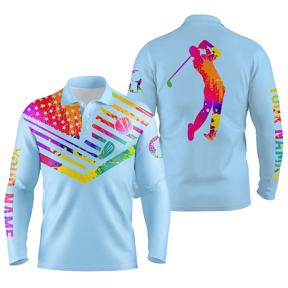 Men’s Golf Polo Shirt Watercolor American Flag Custom Name Light Blue Golf Shirt, Golf Polo Shirt, Golf Shirts