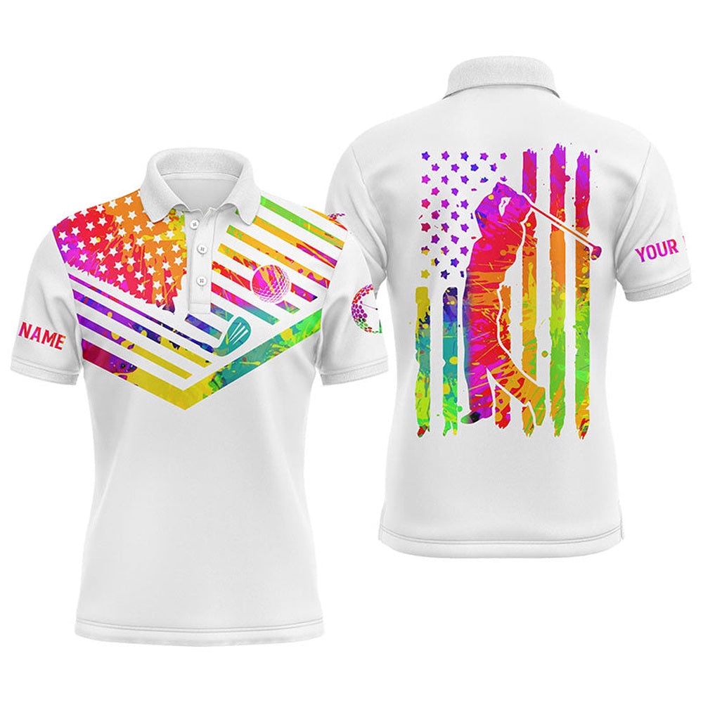 Men’s Golf Polo Shirt Watercolor American Flag Custom Name White Men’s Golf Shirt, Golfer Gifts, Golf Polo Shirt, Golf Shirts