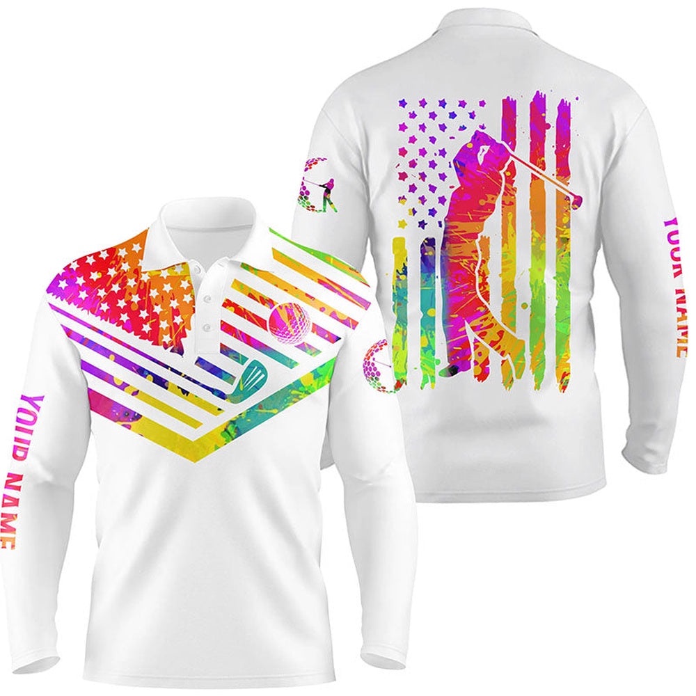 Men’s Golf Polo Shirt Watercolor American Flag Custom Name White Men’s Golf Shirt, Golfer Gifts, Golf Polo Shirt, Golf Shirts
