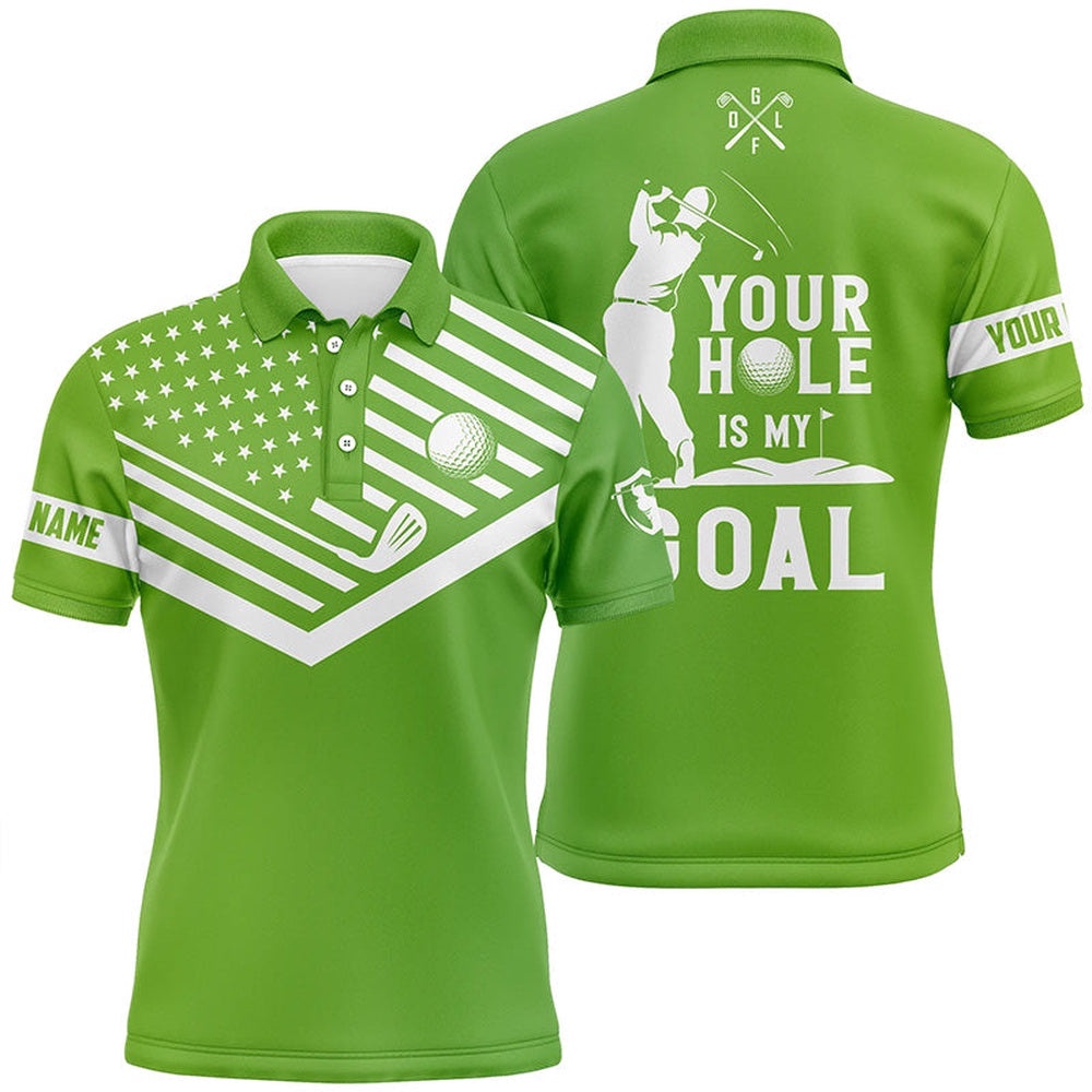 Men’s Golf Polo Shirt White American Flag Custom Your Hole Is My Goal Funny Golf Team Shirt Green, Golf Polo Shirt, Golf Shirts
