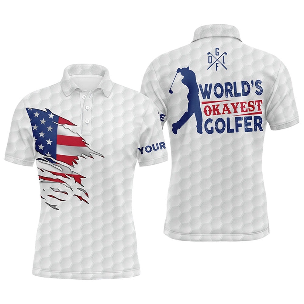 Men’s Golf Polo Shirt World’S Okayest Golfer Custom Name White American Flag Golf Shirts, Golf Polo Shirt, Golf Shirts
