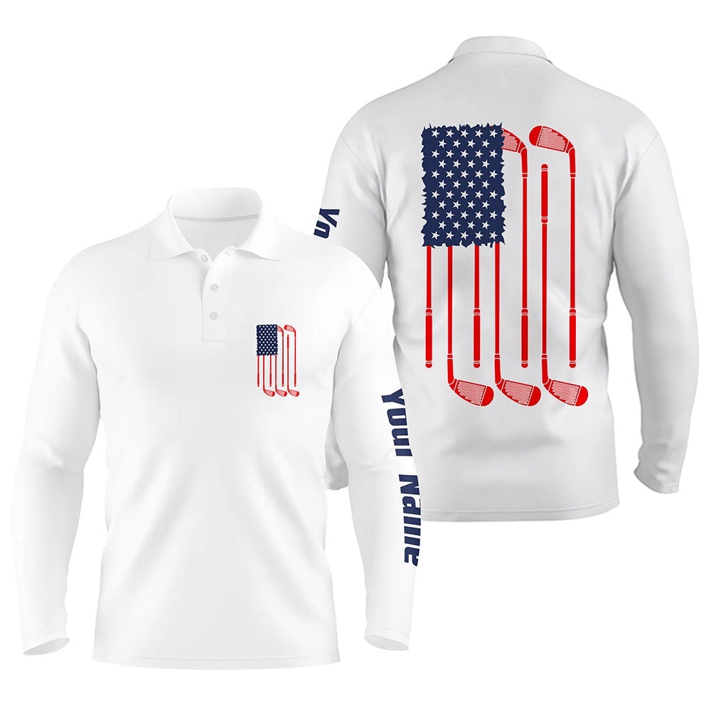 Men’s Golf Polo Shirts American Flag Golf Clubs Custom Patriotic White Men’s Golf Shirt, Golf Polo Shirt, Golf Shirts