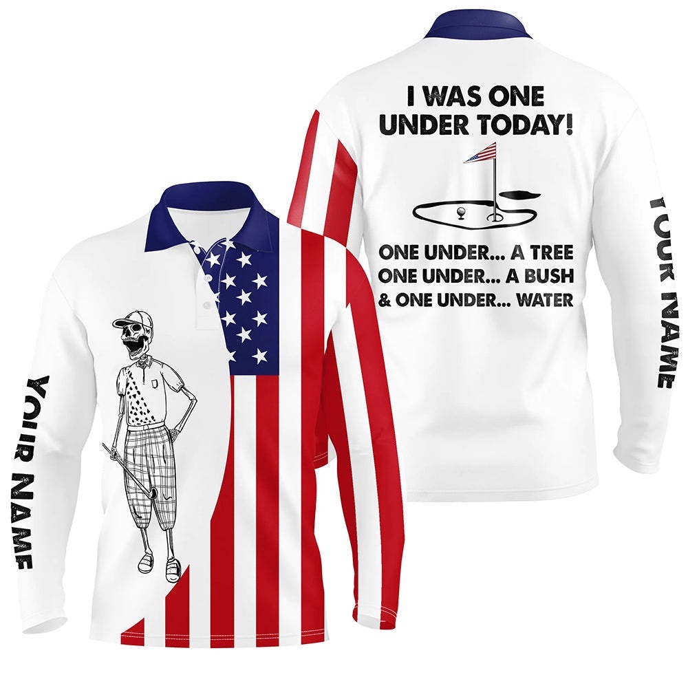 Men’s Golf Polo Shirts American Flag White Golf Skull Custom I Was One Under Today Tree, Bush And Water, Golf Polo Shirt, Golf Shirts