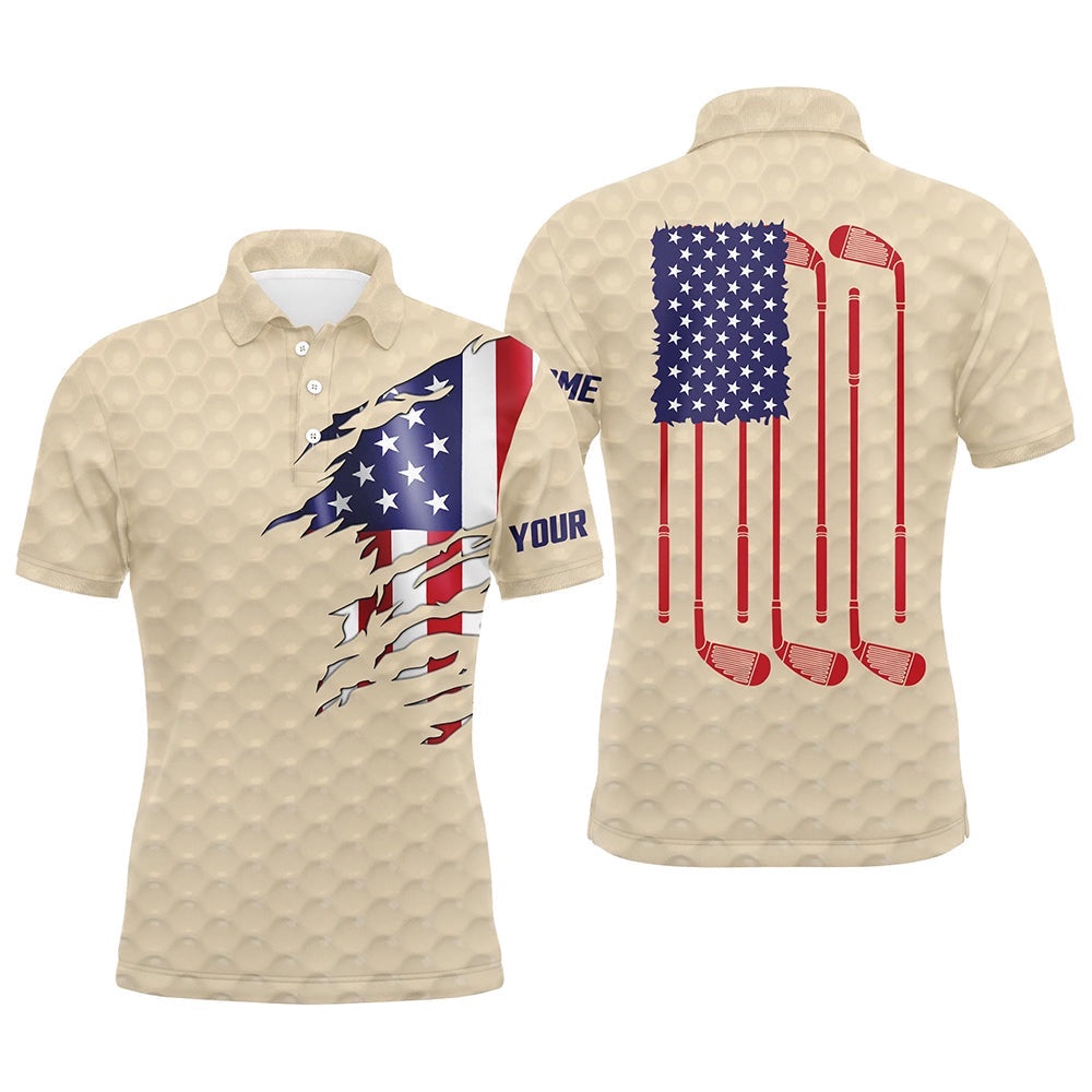Men’s Golf Polo Shirts Beige Golf Ball American Flag Patriotic Golf Clubs Custom Golf Gifts, Golf Polo Shirt, Golf Shirts