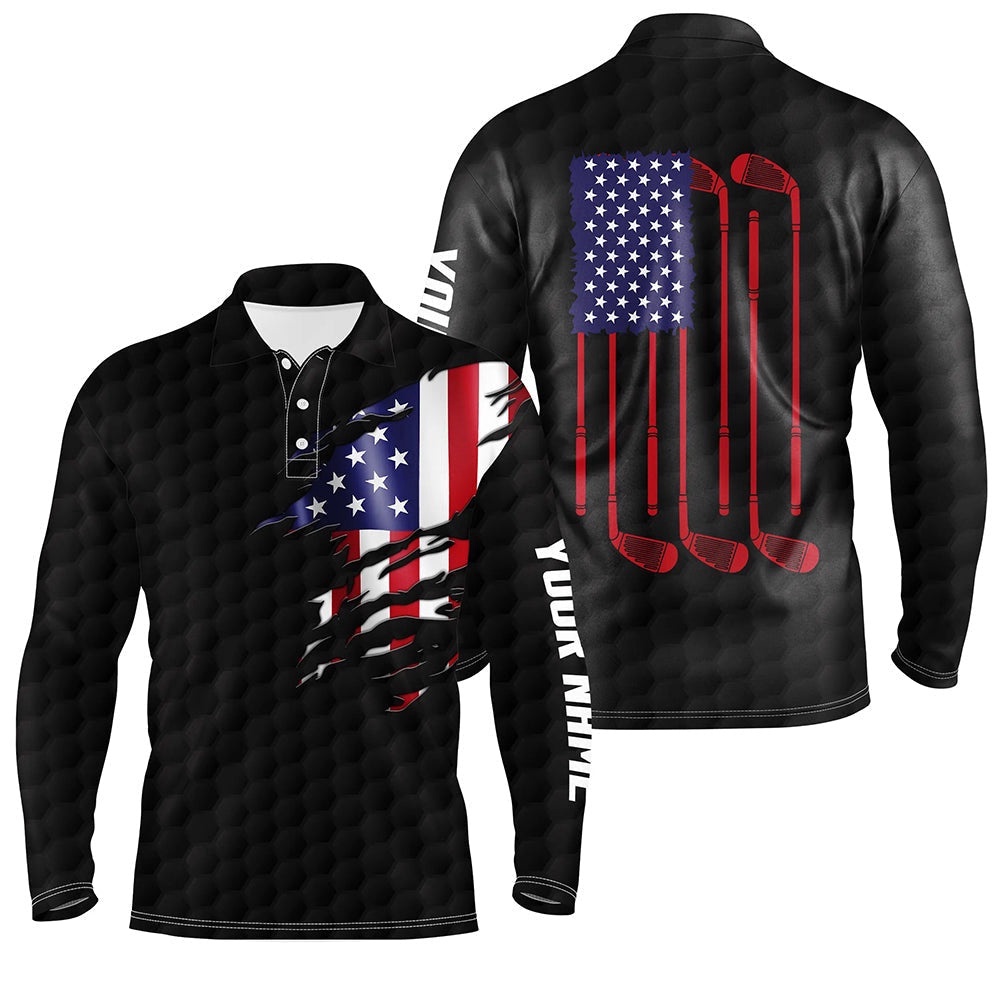 Men’s Golf Polo Shirts Black Golf Ball American Flag Patriotic Golf Clubs Custom Name Golfing Gifts, Golf Polo Shirt, Golf Shirts