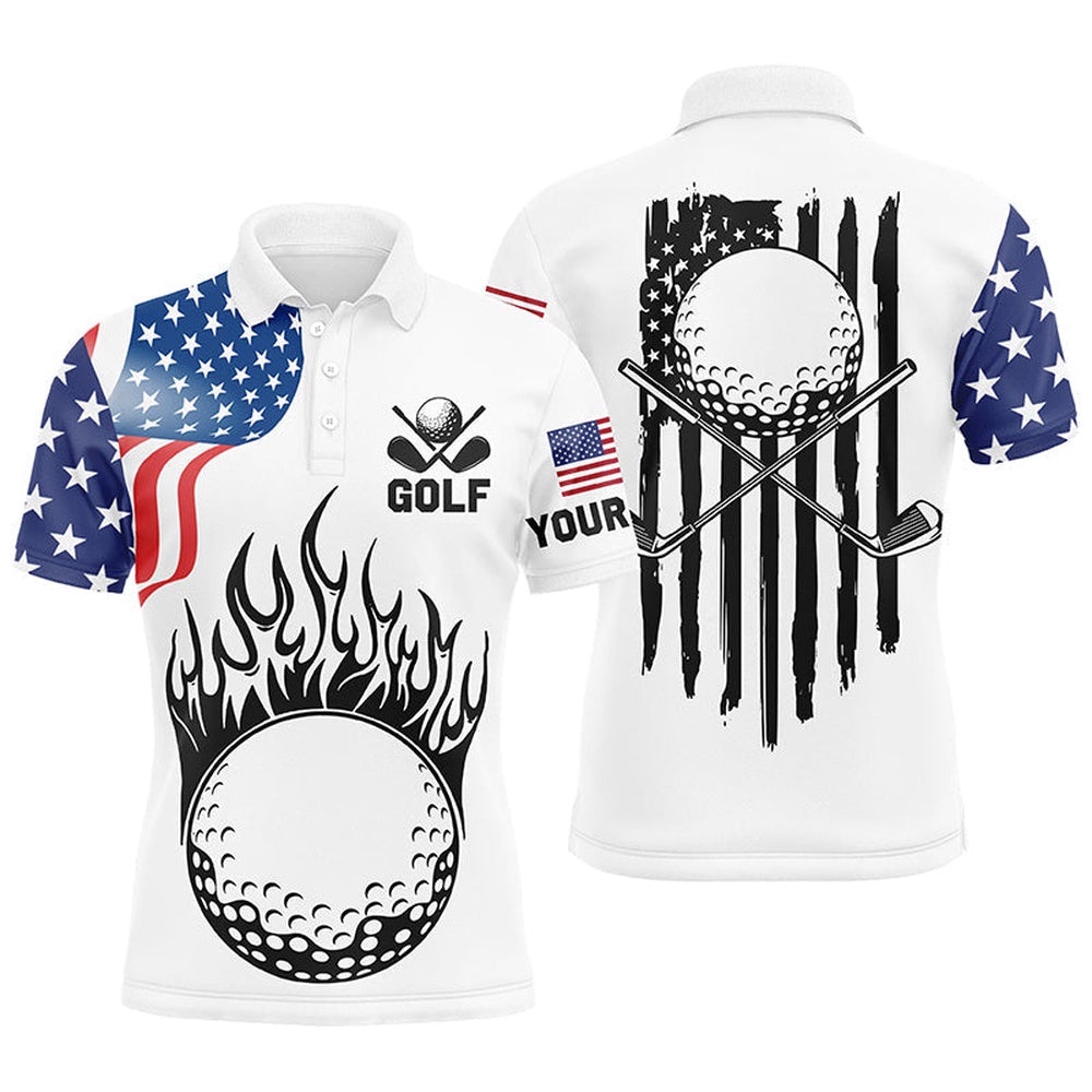Men’s Golf Polo Shirts Custom American Flag Golf Ball Fire Patriot Golf Tops, Golf Attire For Men’s, Golf Polo Shirt, Golf Shirts