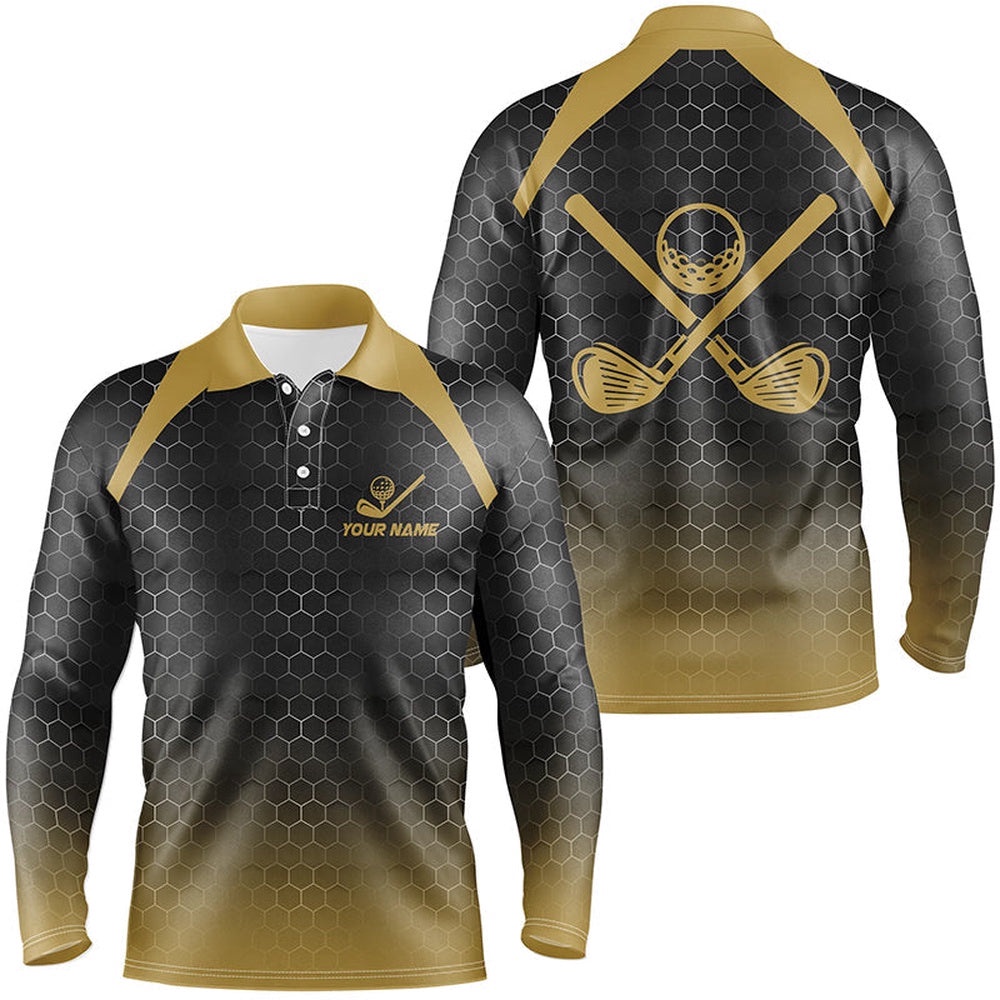 Men’s Golf Polo Shirts Custom Black And Yellow Hexagon Pattern Golf Outfits Men, Cool Golf Gifts, Golf Polo Shirt, Golf Shirts