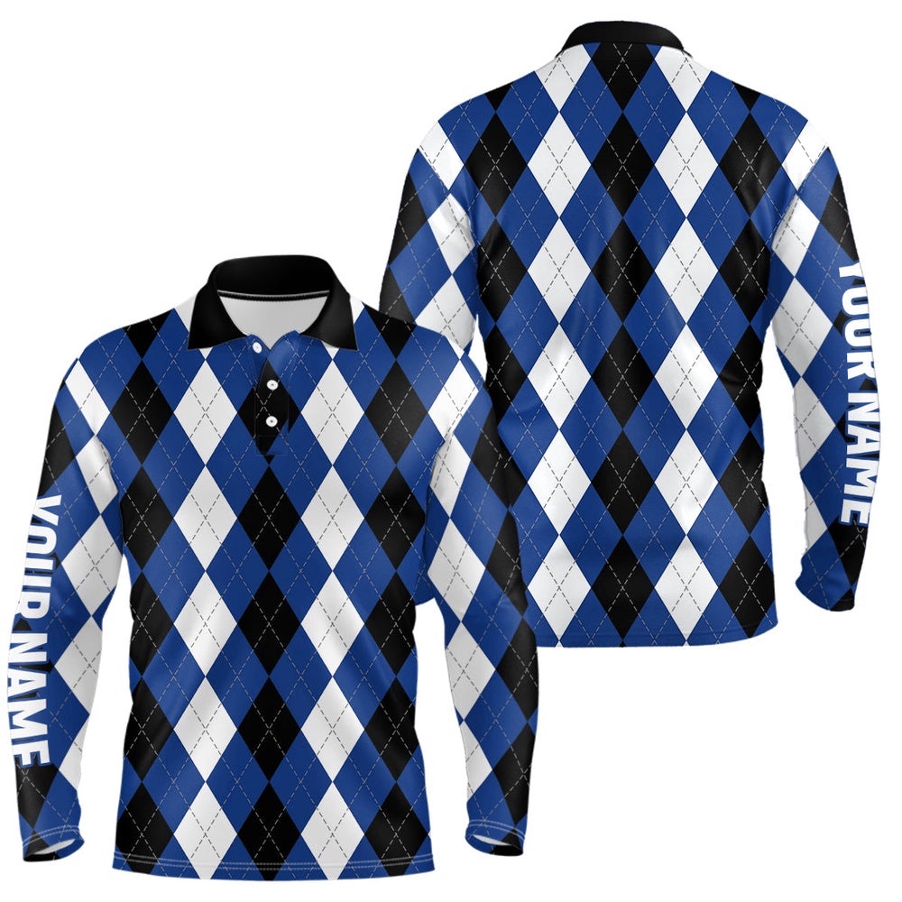 Men’s Golf Polo Shirts Custom Blue Argyle Plaid Pattern Golf Attire For Men, Golf Polo Shirt, Golf Shirts