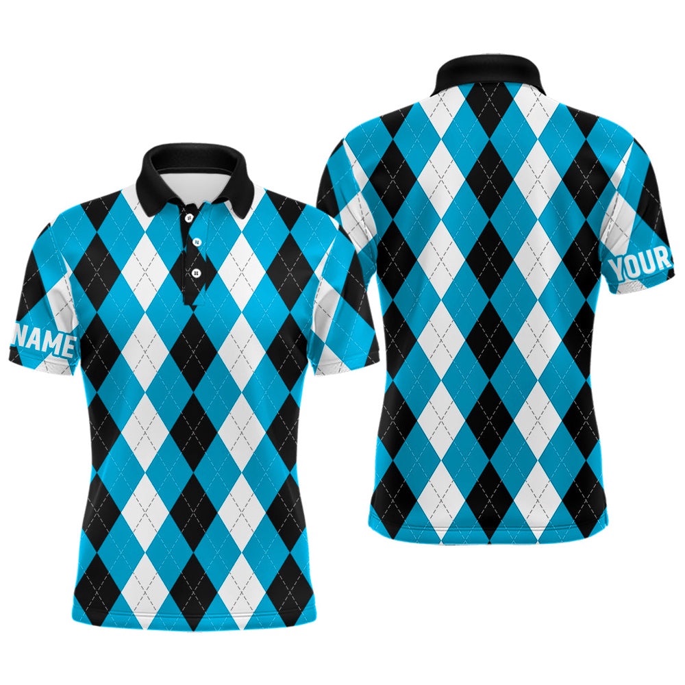 Men’s Golf Polo Shirts Custom Cyan Blue Argyle Plaid Pattern Golf Attire For Men, Golf Polo Shirt, Golf Shirts