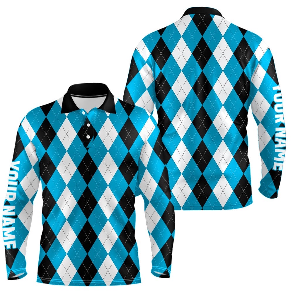 Men’s Golf Polo Shirts Custom Cyan Blue Argyle Plaid Pattern Golf Attire For Men, Golf Polo Shirt, Golf Shirts