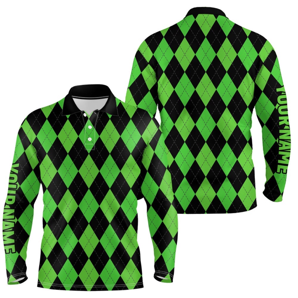 Men’s Golf Polo Shirts Custom Green And Black Argyle Plaid Pattern Golf Attire For Men, Golf Polo Shirt, Golf Shirts