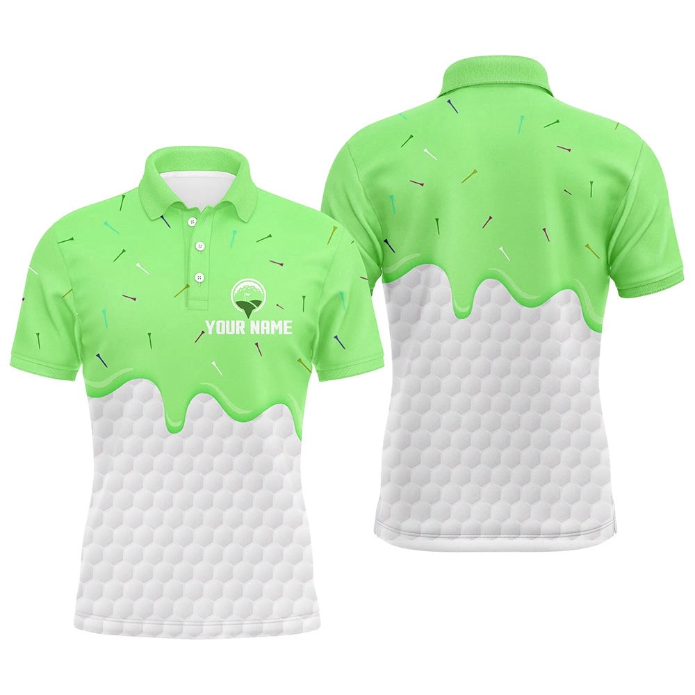 Men’s Golf Polo Shirts Custom Green Ice Cream Melting On Golf Ball For Men’s, Golf Polo Shirt, Golf Shirts