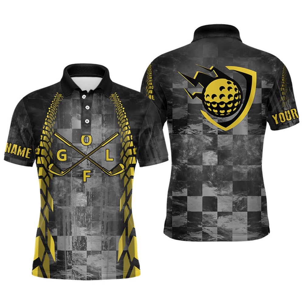 Men’s Golf Polo Shirts Custom Name Black Racing Yellow Pattern Golf Clubs Golf Outfit Men, Golf Polo Shirt, Golf Shirts