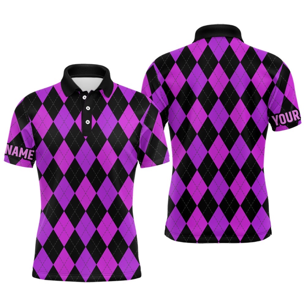 Men’s Golf Polo Shirts Custom Purple And Black Argyle Plaid Pattern Golf Attire For Men, Golf Polo Shirt, Golf Shirts