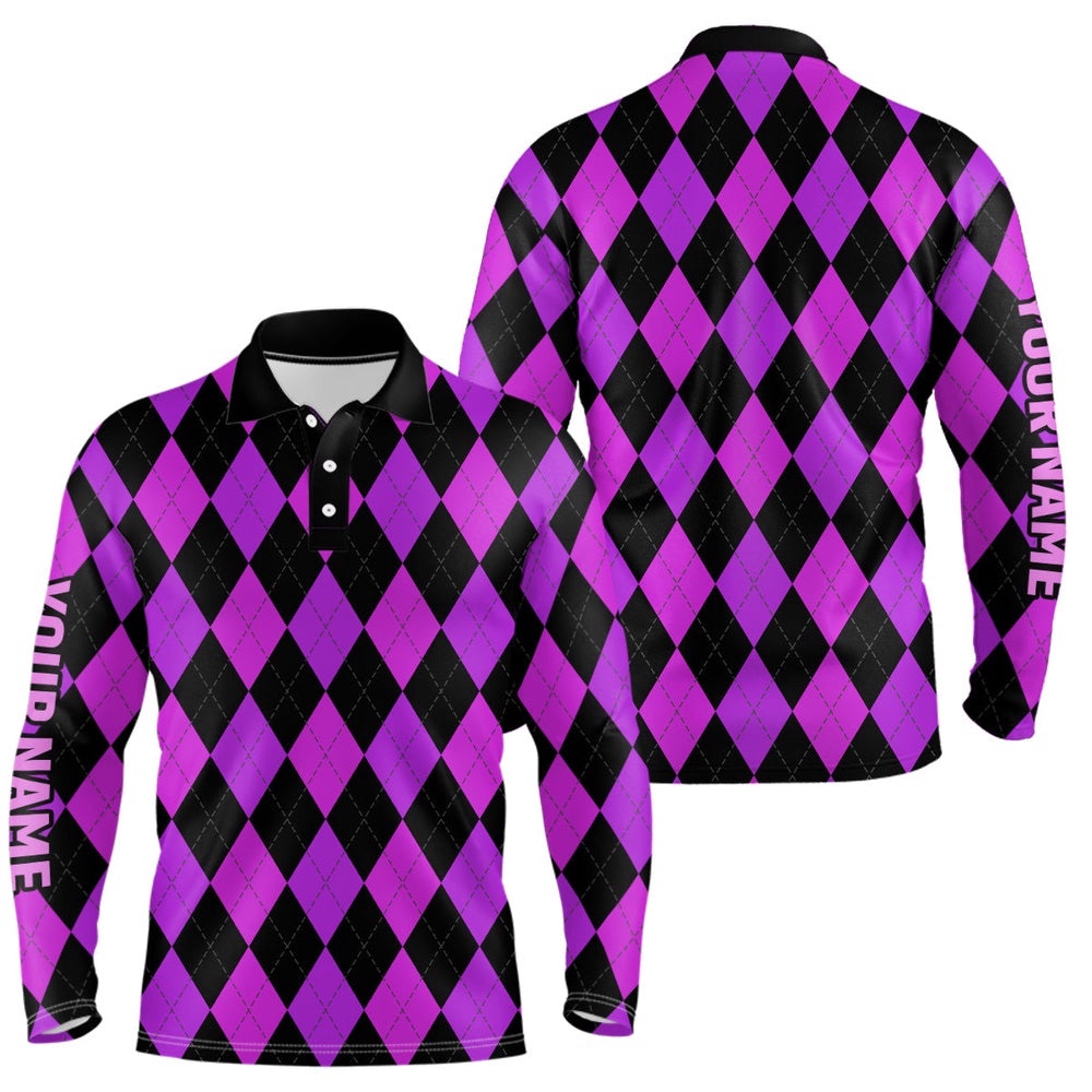 Men’s Golf Polo Shirts Custom Purple And Black Argyle Plaid Pattern Golf Attire For Men, Golf Polo Shirt, Golf Shirts