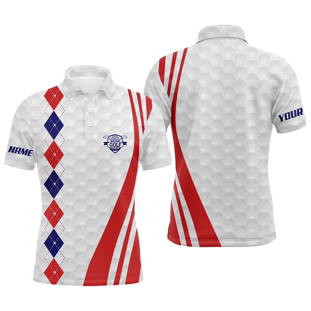 Men’s Golf Polo Shirts Custom Red, White And Blue Argyle Golf Ball Skin Patriot Golf Gifts For Men, Golf Polo Shirt, Golf Shirts