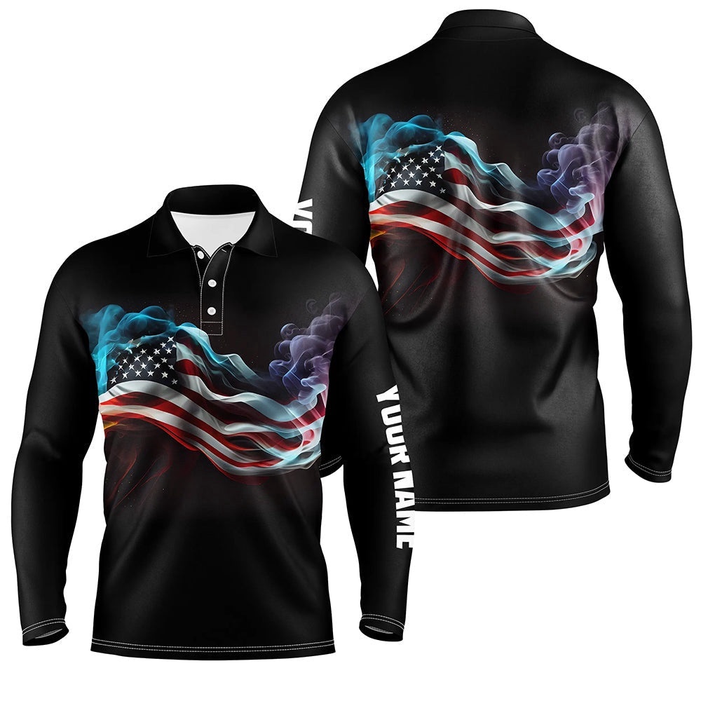 Men’s Golf Polo Shirts Custom Smoke American Flag Patriotic Black Golf Tops For Men’s, Golf Polo Shirt, Golf Shirts