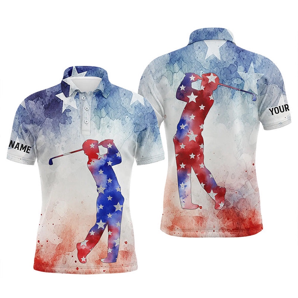 Men’s Golf Polo Shirts Custom Watercolor American Flag Patriotic Golf Gifts For Men, Golf Polo Shirt, Golf Shirts