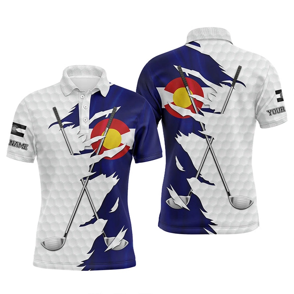 Men’s Golf Polo Shirts Custom White Golf Ball Skin Colorado Flag Patriot Golf Clubs Men’s Golf Apparel, Golf Polo Shirt, Golf Shirts