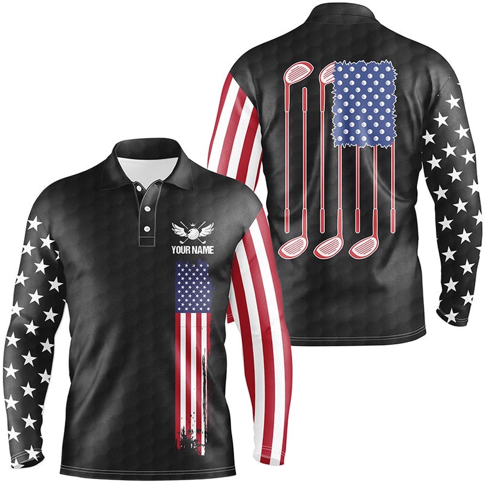 Men’s Golf Polo Shirts Golf Clubs American Flag Custom Patriotic Black Golf Shirt For Men’s, Golf Polo Shirt, Golf Shirts