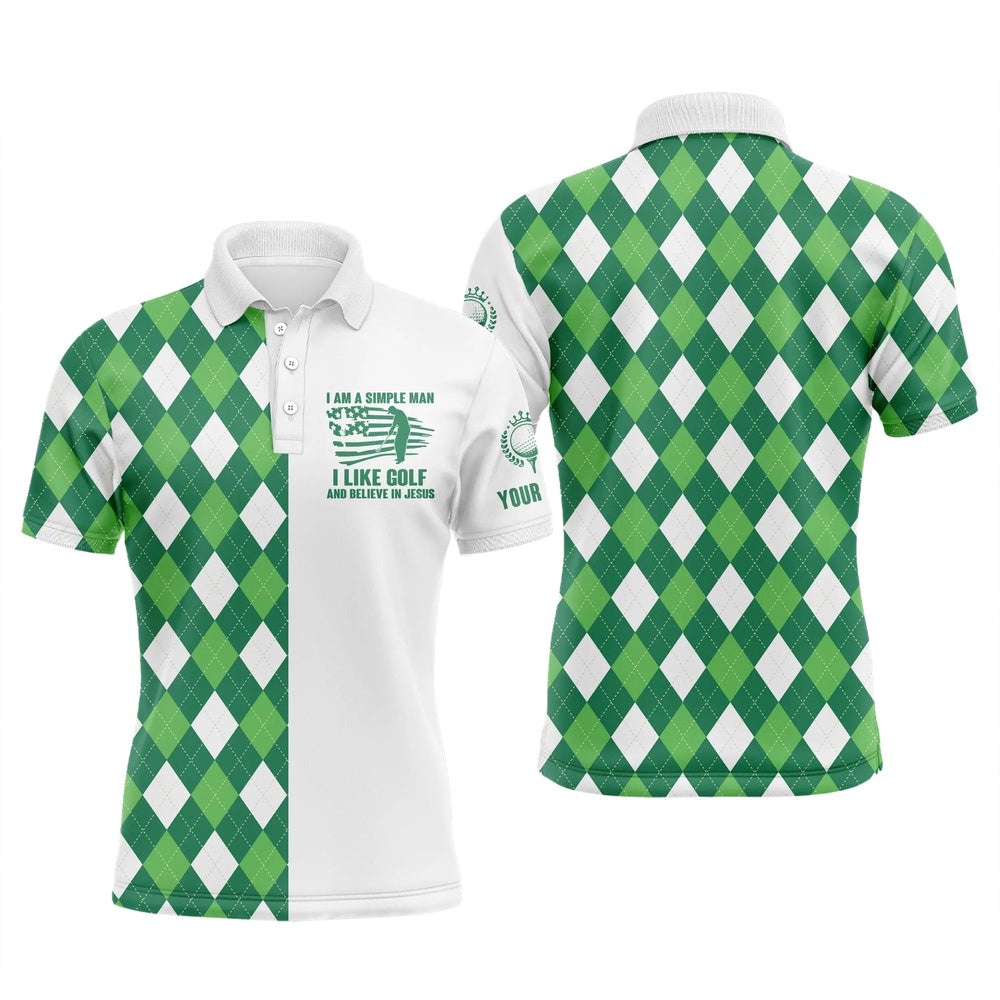 Men’s Golf Polo Shirts Green Argyle Plaid Custom I’m A Simple Man I Like Golf And Believe In Jesus, Golf Polo Shirt, Golf Shirts