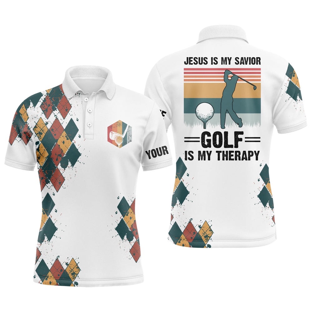 Men’s Golf Polo Shirts Jesus Is My Savior Golf Is My Therapy Custom Name Vintage Best Men’s Golf Wear, Golf Polo Shirt, Golf Shirts
