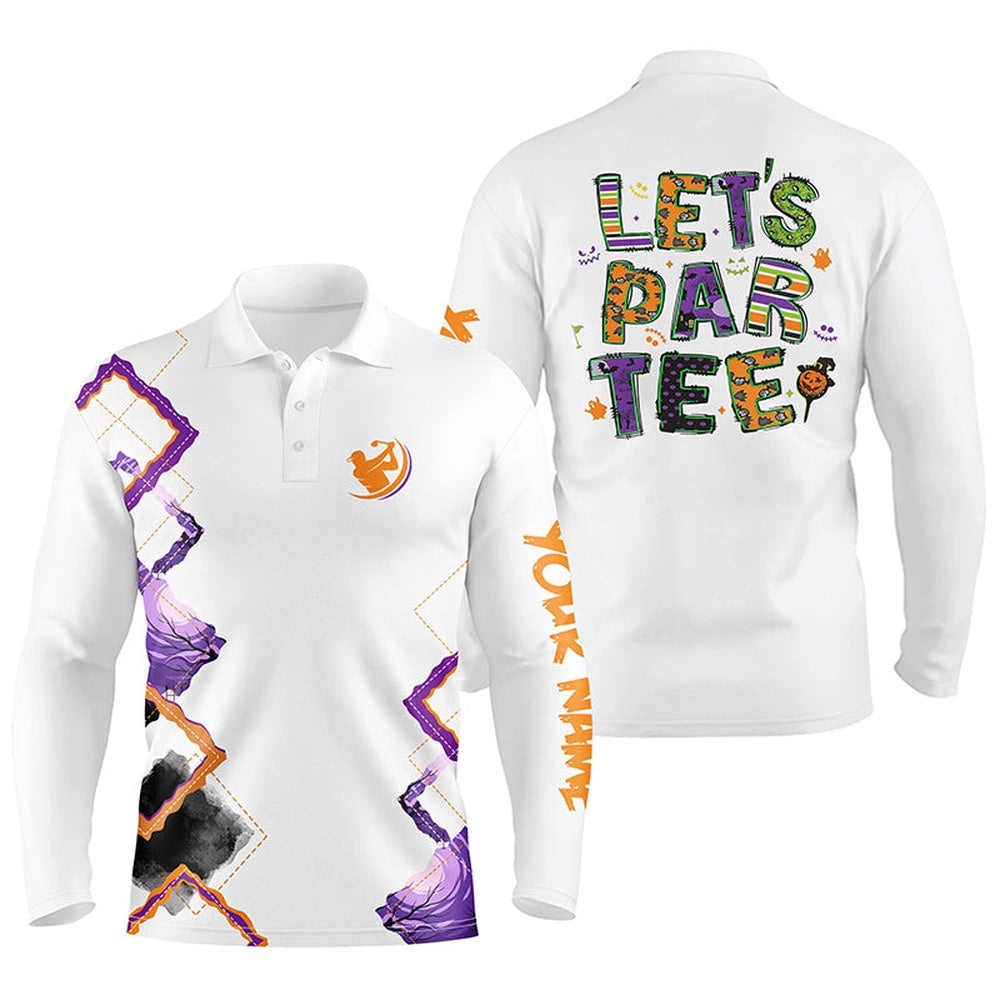 Men’s Golf Polo Shirts Orange Purple Custom Let’S Par Tee Halloween White Golf Shirts, Golf Polo Shirt, Golf Shirts