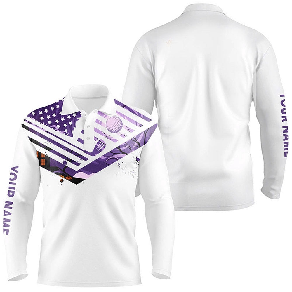 Men’s Golf Polo Shirts Purple American Flag Custom Halloween White Golf Shirt, Golf Polo Shirt, Golf Shirts