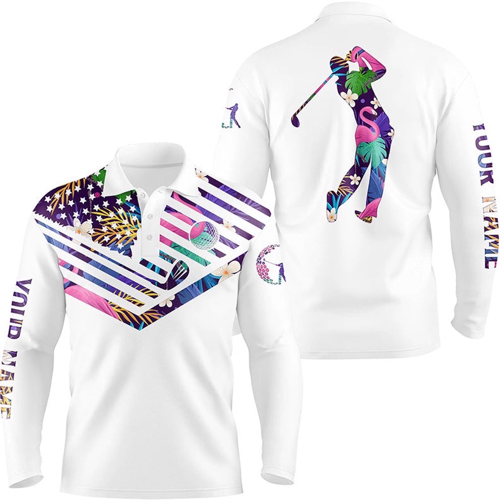 Men’s Golf Polo Shirts Tropical American Flag Custom Patriotic White Golf Shirt, Golf Polo Shirt, Golf Shirts