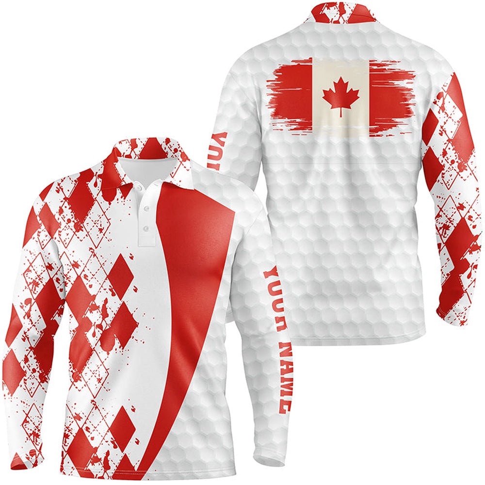 Men’s Golf Polos Shirts Custom Canadian Flag Red Argyle Pattern White Golf Ball Men’s Golf Shirts, Golf Polo Shirt, Golf Shirts