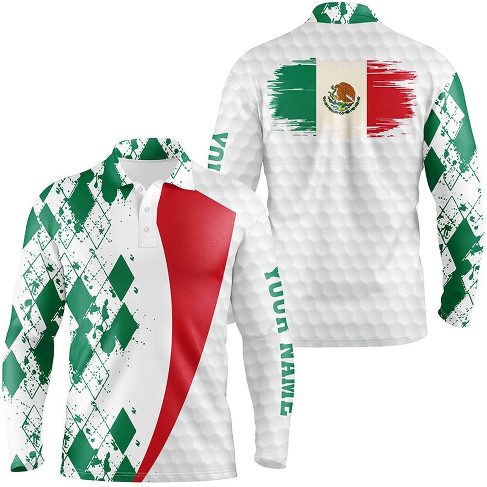 Men’s Golf Polos Shirts Custom Mexico Flag Green Argyle Pattern White Golf Ball Men’s Golf Shirts, Golf Polo Shirt, Golf Shirts