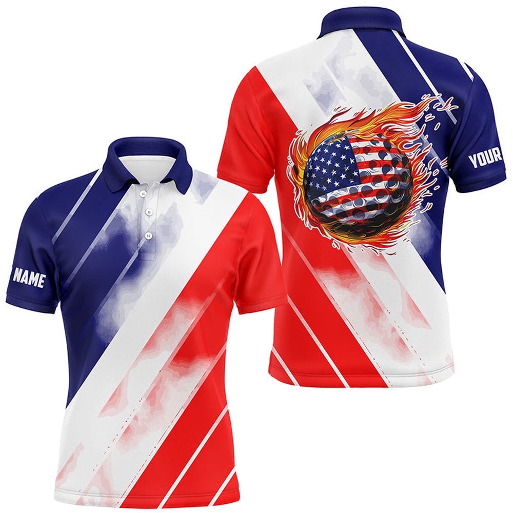 Men’s Golf Polos Shirts Custom Red White And Blue American Flag Golf Ball Fire, Patriotic Golf Gifts, Golf Polo Shirt, Golf Shirts