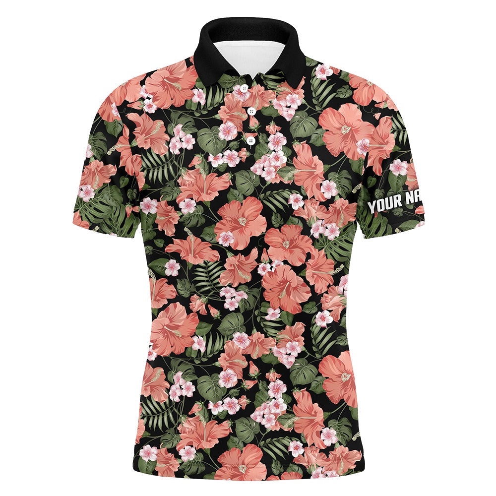 Men’s Golf Polos Shirts Custom Tropical Pink Hibiscus Flower Black Pattern Golf Tops For Men’s, Golf Polo Shirt, Golf Shirts