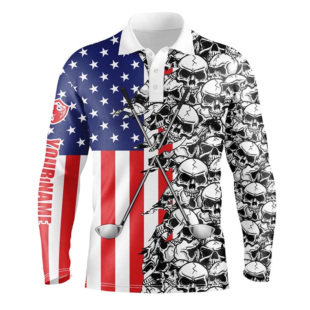 Men’s Golf Tops Polo American Flag Pattern Skull Golf Clubs Custom Patriotic Golf Performance Shirts, Golf Polo Shirt, Golf Shirts