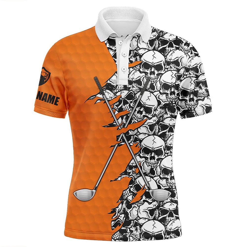 Men’s Golf Tops Polo Orange Pattern Halloween Skull Golf Clubs Custom Golf Performance Shirts For Men, Golf Polo Shirt, Golf Shirts